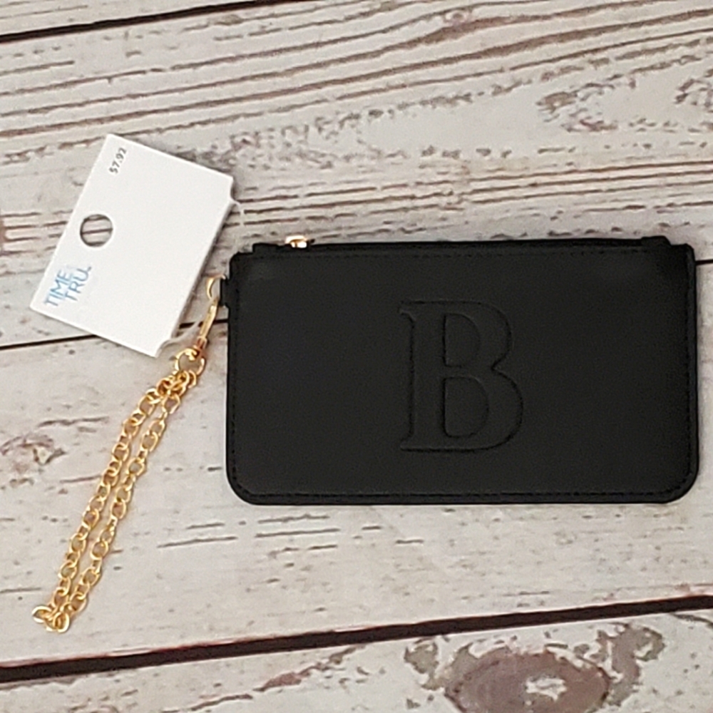 Time and Tru women's vinyl monogram initial wristlet black with goldtone chain